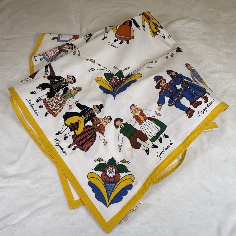Vintage Roso Handtryck Sweden Tablecloth Folk Costume 100% Cotton 33in Swedish